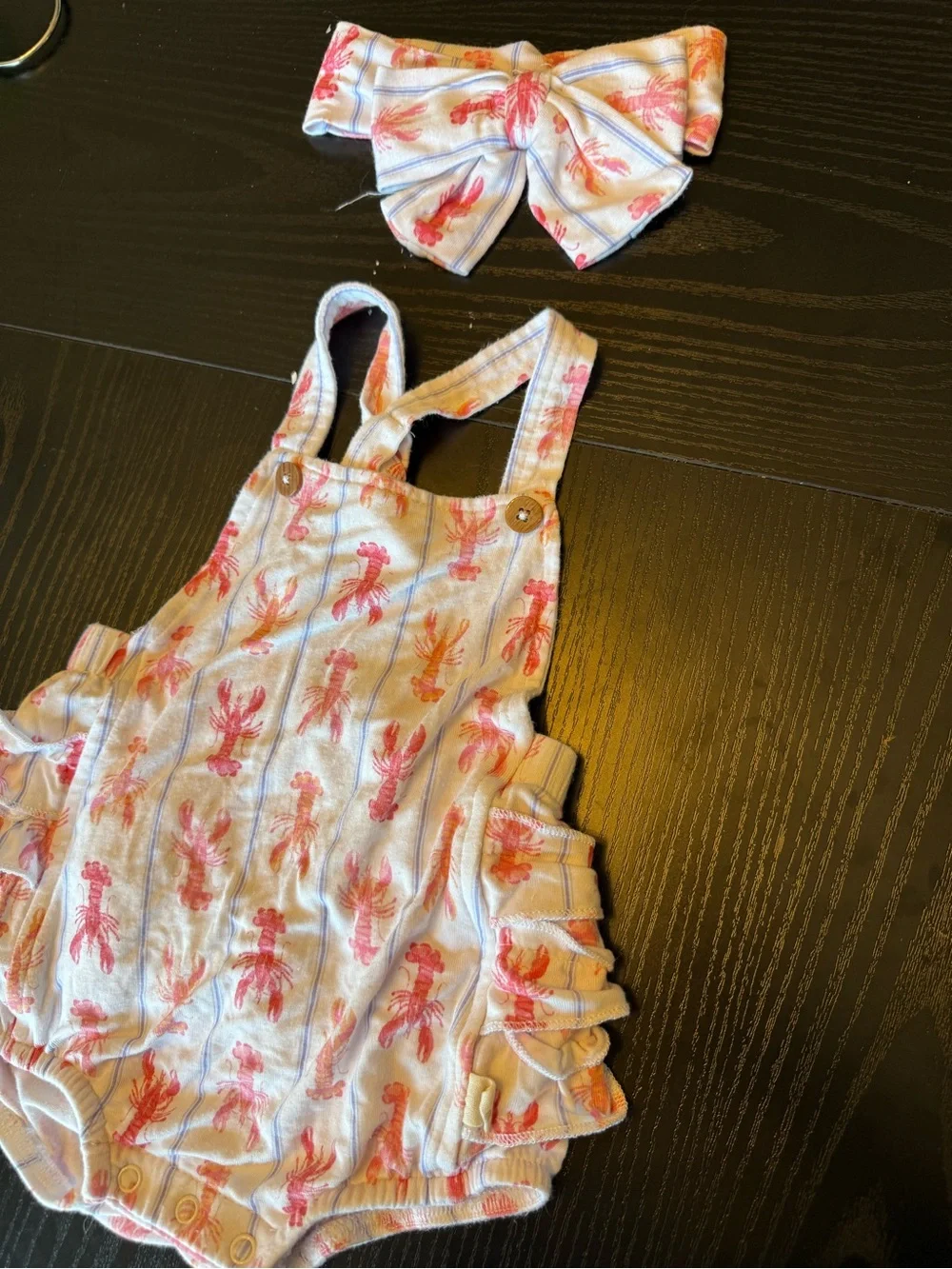 Infant Cream Lobster-Print Ruffle Romper with Matching Headband